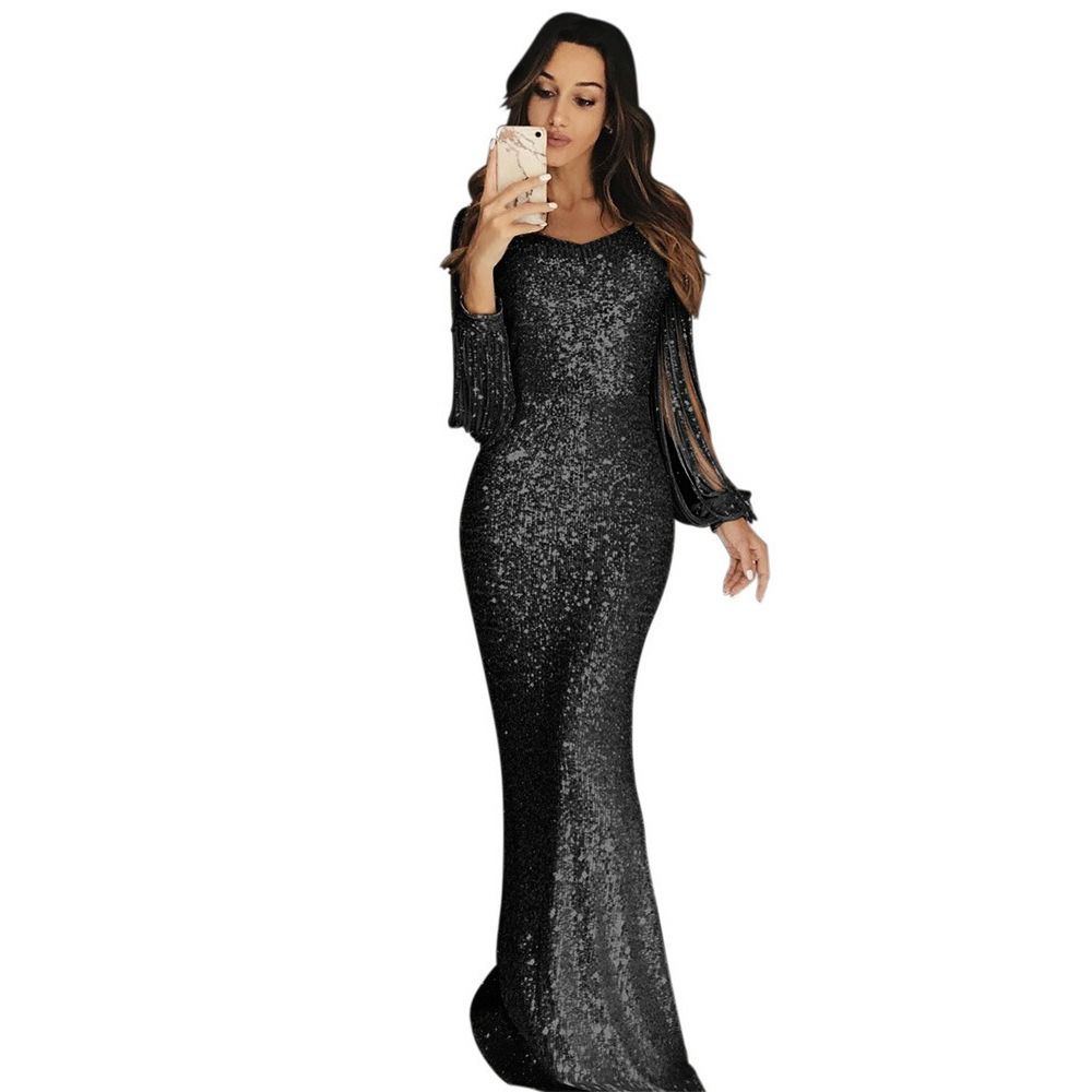 Concerts Parties Celebrations Women Evening Dress 2024 Wish Fall/Winter new Long Dress Evening Gown Long Sleeve Fringe Dinner Dress Pop Sequins Zippers Tassels Irregular Elements Temperament Style