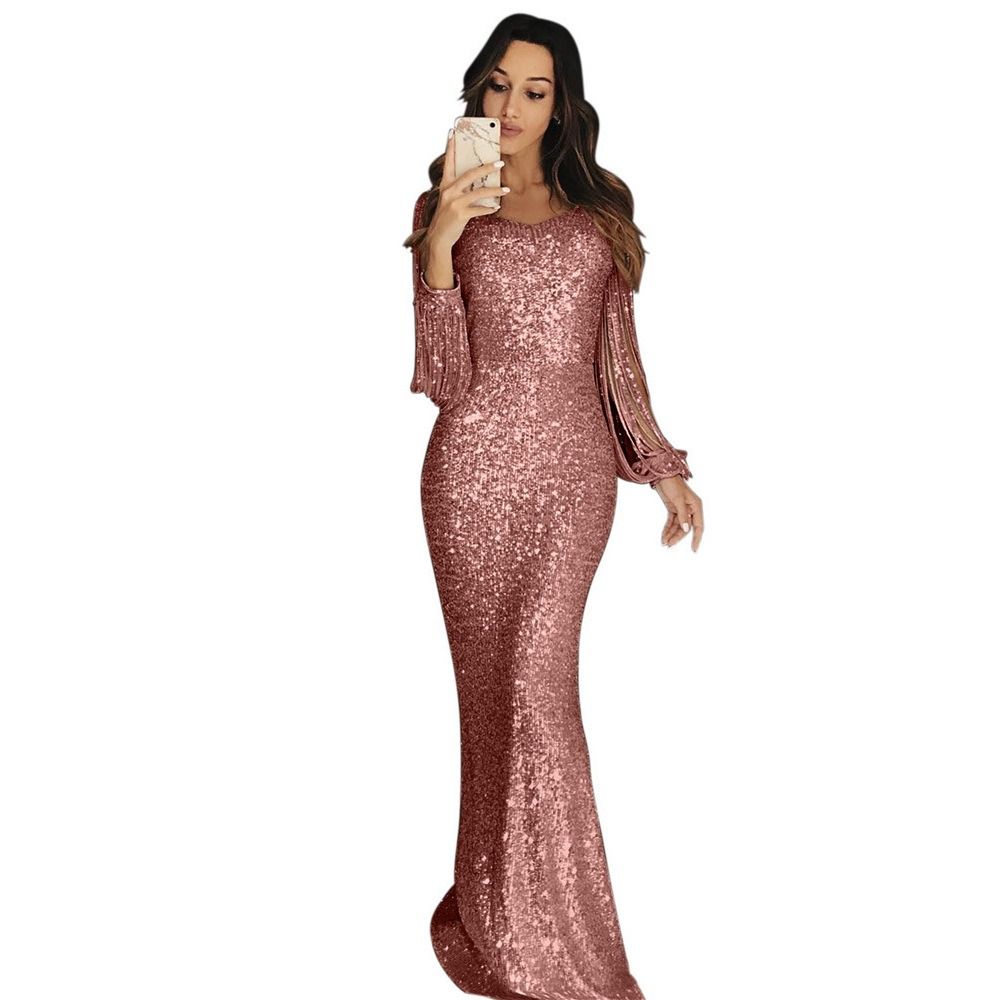 Concerts Parties Celebrations Women Evening Dress 2024 Wish Fall/Winter new Long Dress Evening Gown Long Sleeve Fringe Dinner Dress Pop Sequins Zippers Tassels Irregular Elements Temperament Style