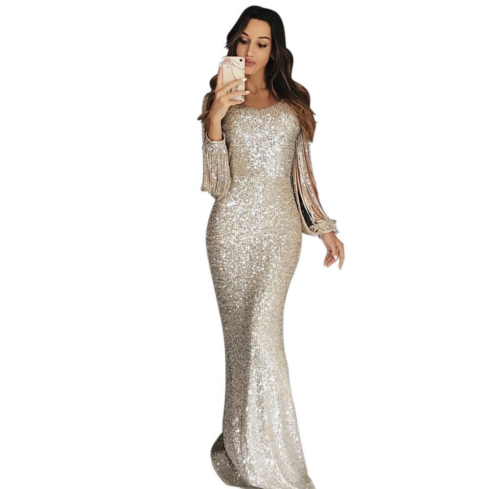 Concerts Parties Celebrations Women Evening Dress 2024 Wish Fall/Winter new Long Dress Evening Gown Long Sleeve Fringe Dinner Dress Pop Sequins Zippers Tassels Irregular Elements Temperament Style