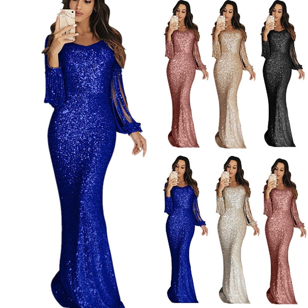 Concerts Parties Celebrations Women Evening Dress 2024 Wish Fall/Winter new Long Dress Evening Gown Long Sleeve Fringe Dinner Dress Pop Sequins Zippers Tassels Irregular Elements Temperament Style