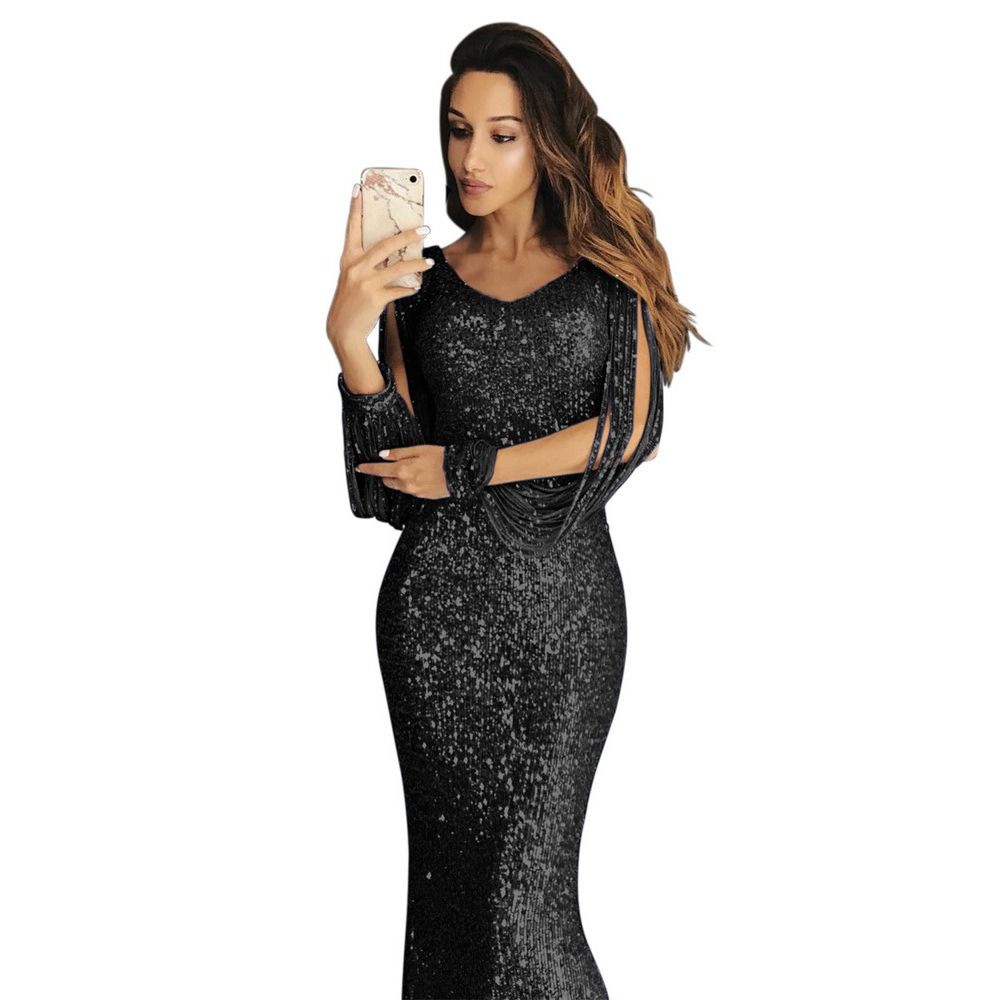 Concerts Parties Celebrations Women Evening Dress 2024 Wish Fall/Winter new Long Dress Evening Gown Long Sleeve Fringe Dinner Dress Pop Sequins Zippers Tassels Irregular Elements Temperament Style