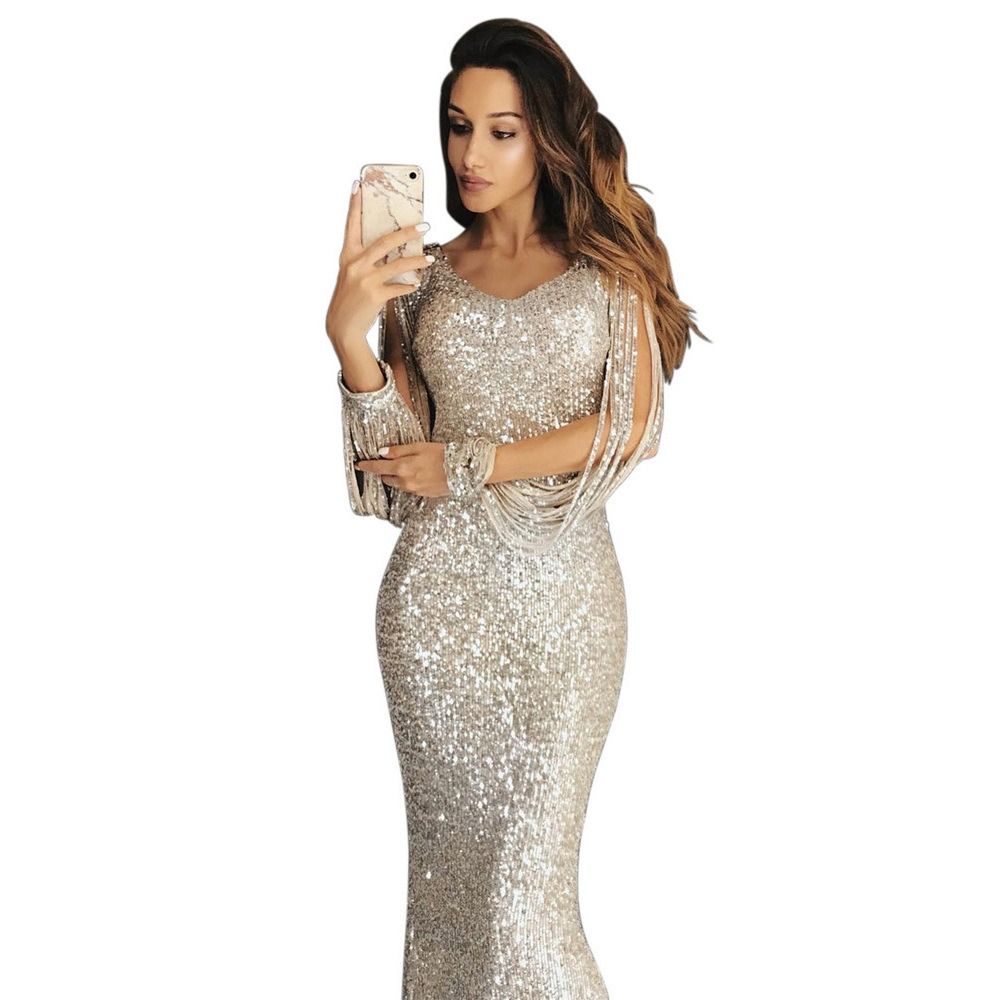 Concerts Parties Celebrations Women Evening Dress 2024 Wish Fall/Winter new Long Dress Evening Gown Long Sleeve Fringe Dinner Dress Pop Sequins Zippers Tassels Irregular Elements Temperament Style