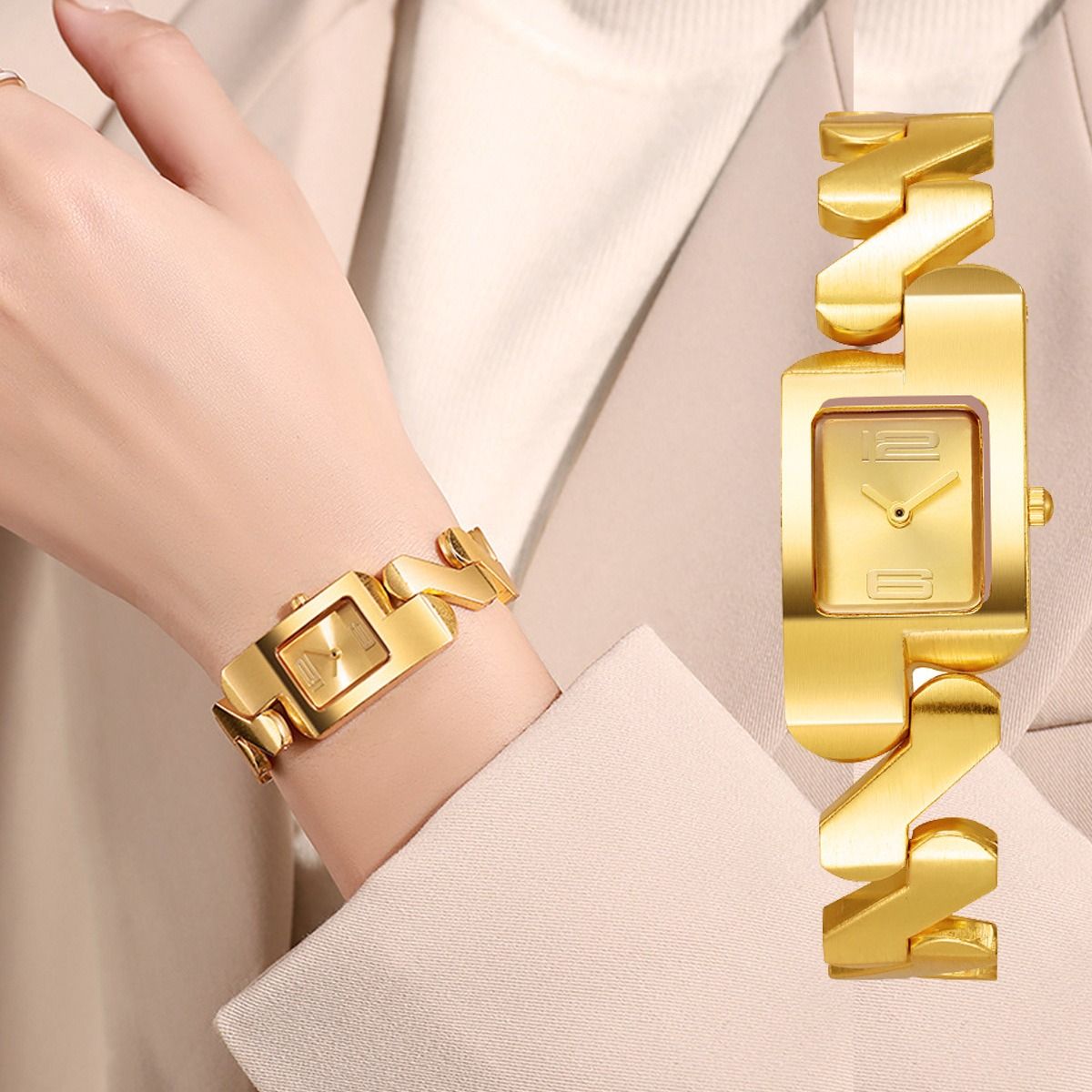 2024 Africa Hot Selling Innovative Design Retro Square Quartz Business Men's Bracelet Metal Watch Light Luxury Fashion Gold Classic Middle School Student Cool Watch