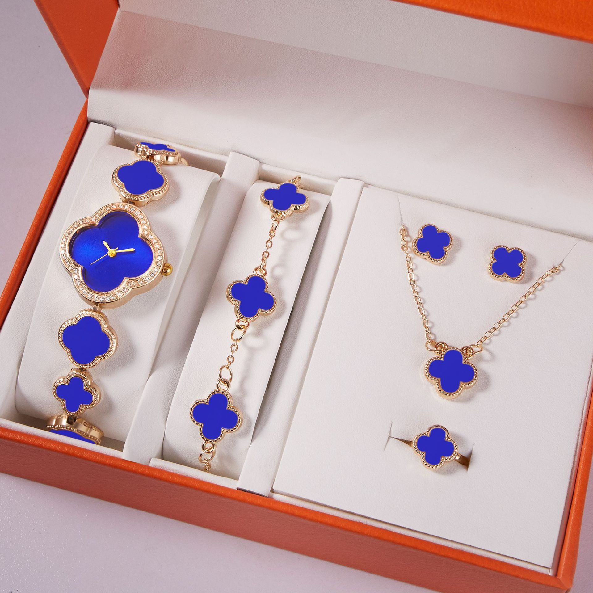 2024 New Fashion Hot Selling African Light Luxury Clover Watch Office White Collar Fashion Accessories Light Luxury Date Fashion Watch Jade Five Piece Set Quartz Watch