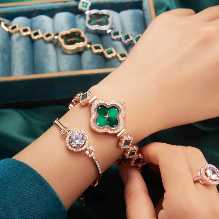 2024 New Fashion Hot Selling African Light Luxury Clover Watch Office White Collar Fashion Accessories Light Luxury Date Fashion Watch Jade Five Piece Set Quartz Watch