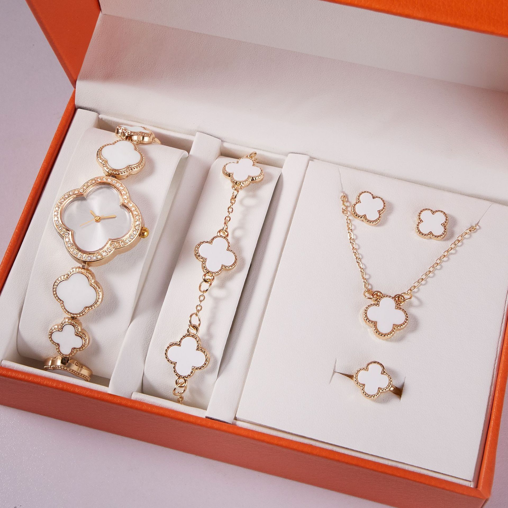 2024 New Fashion Hot Selling African Light Luxury Clover Watch Office White Collar Fashion Accessories Light Luxury Date Fashion Watch Jade Five Piece Set Quartz Watch