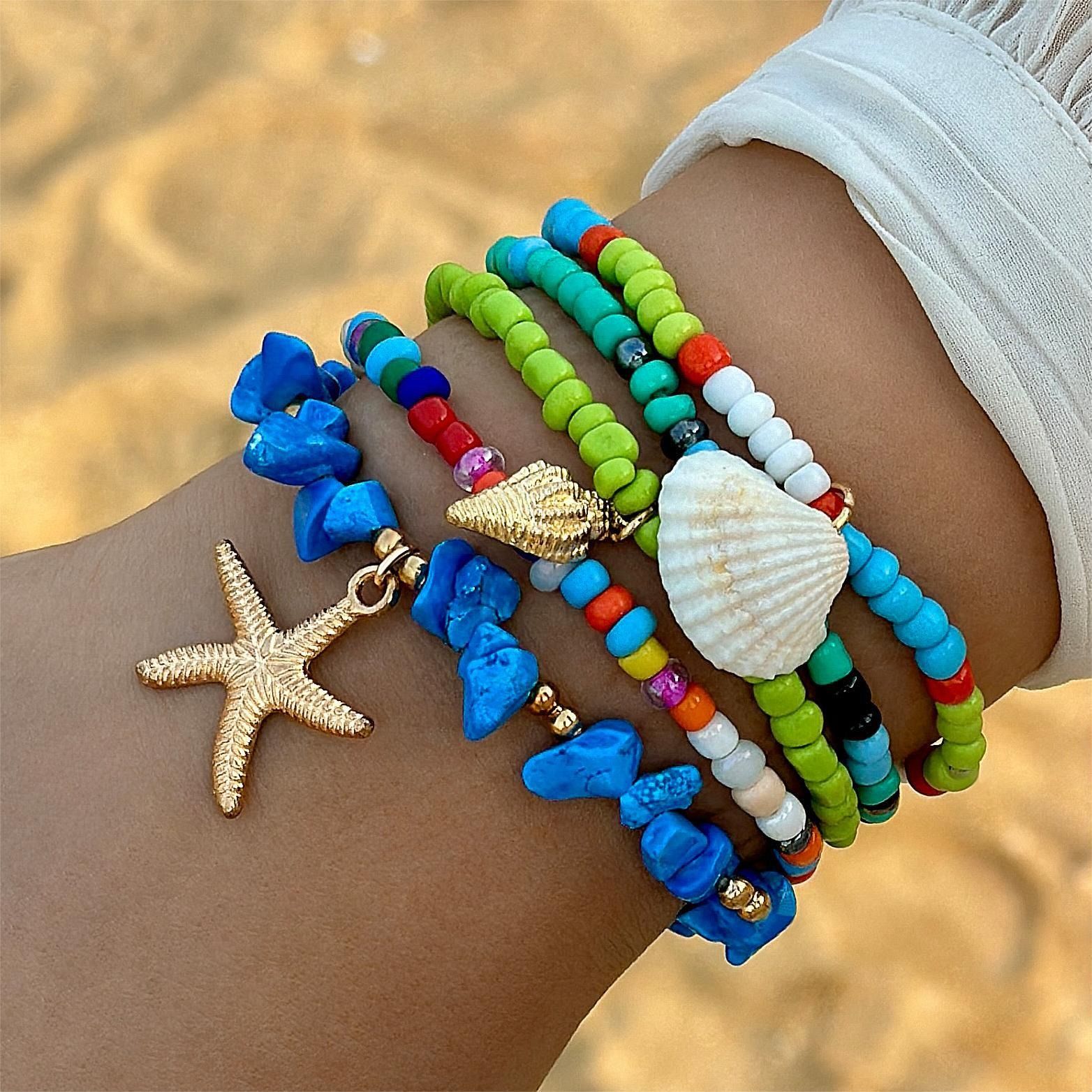 2024 Beach Wind Starfish shell stack wear bracelet summer dopamine color rice beads gravel women's bracelet set suitable for anniversary gifts