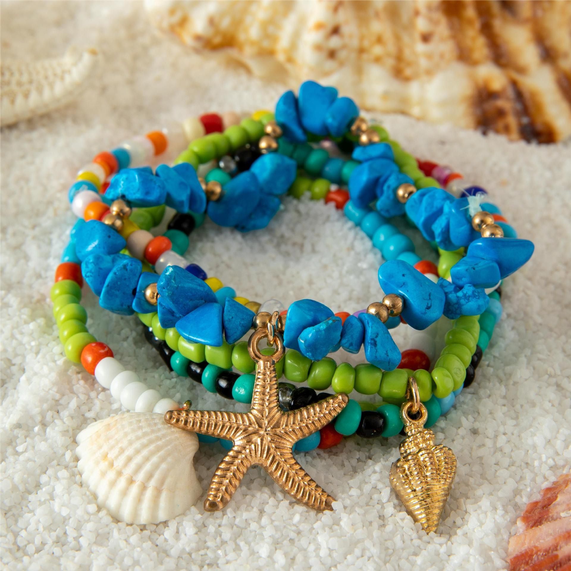 2024 Beach Wind Starfish shell stack wear bracelet summer dopamine color rice beads gravel women's bracelet set suitable for anniversary gifts