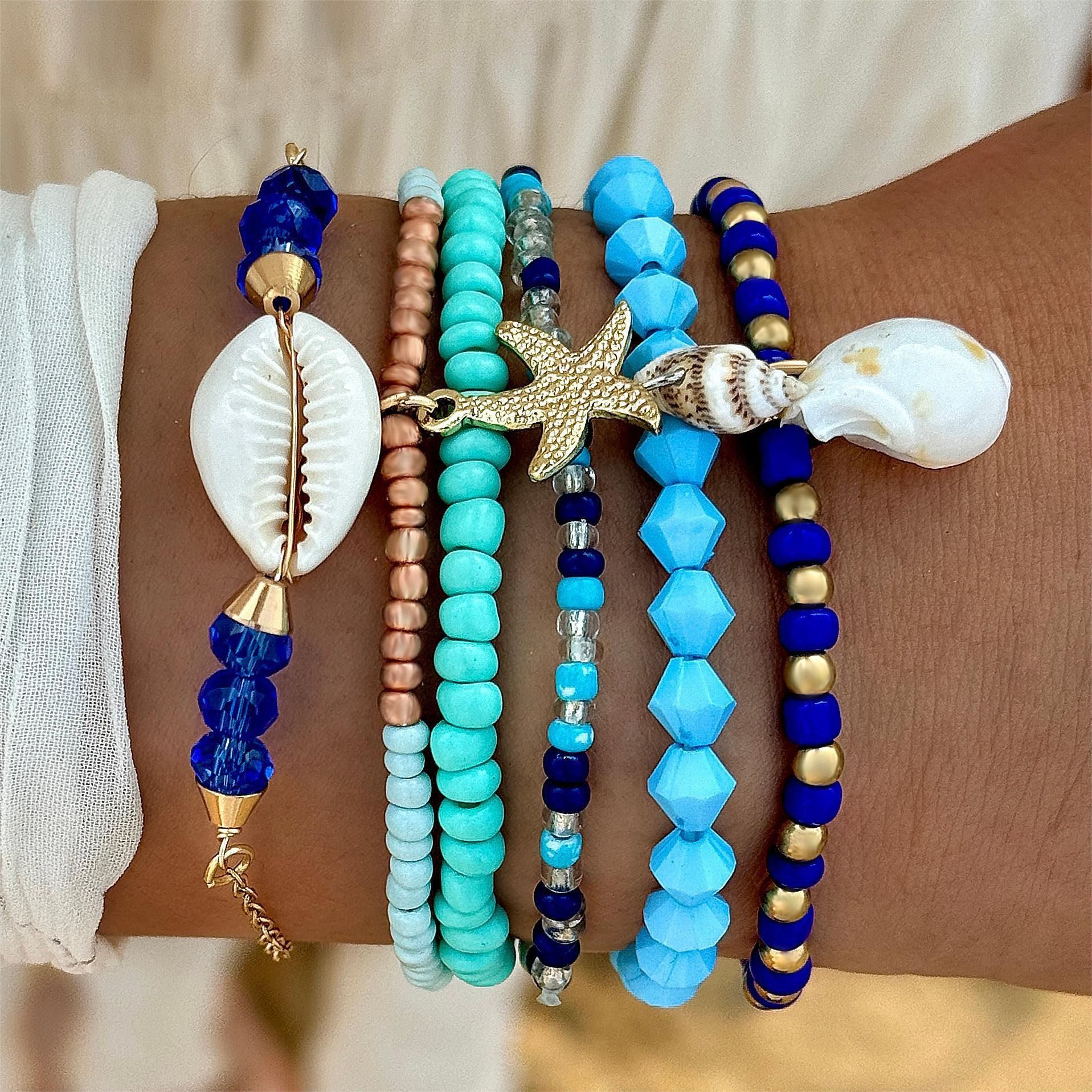 2024 Beach Wind Starfish shell stack wear bracelet summer dopamine color rice beads gravel women's bracelet set suitable for anniversary gifts