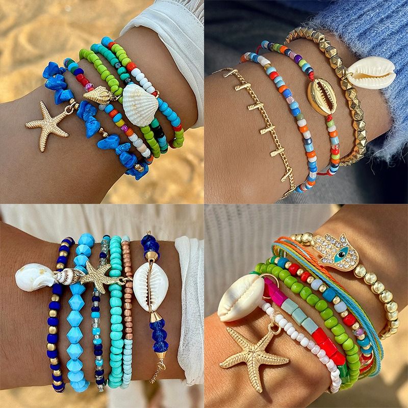 2024 Beach Wind Starfish shell stack wear bracelet summer dopamine color rice beads gravel women's bracelet set suitable for anniversary gifts