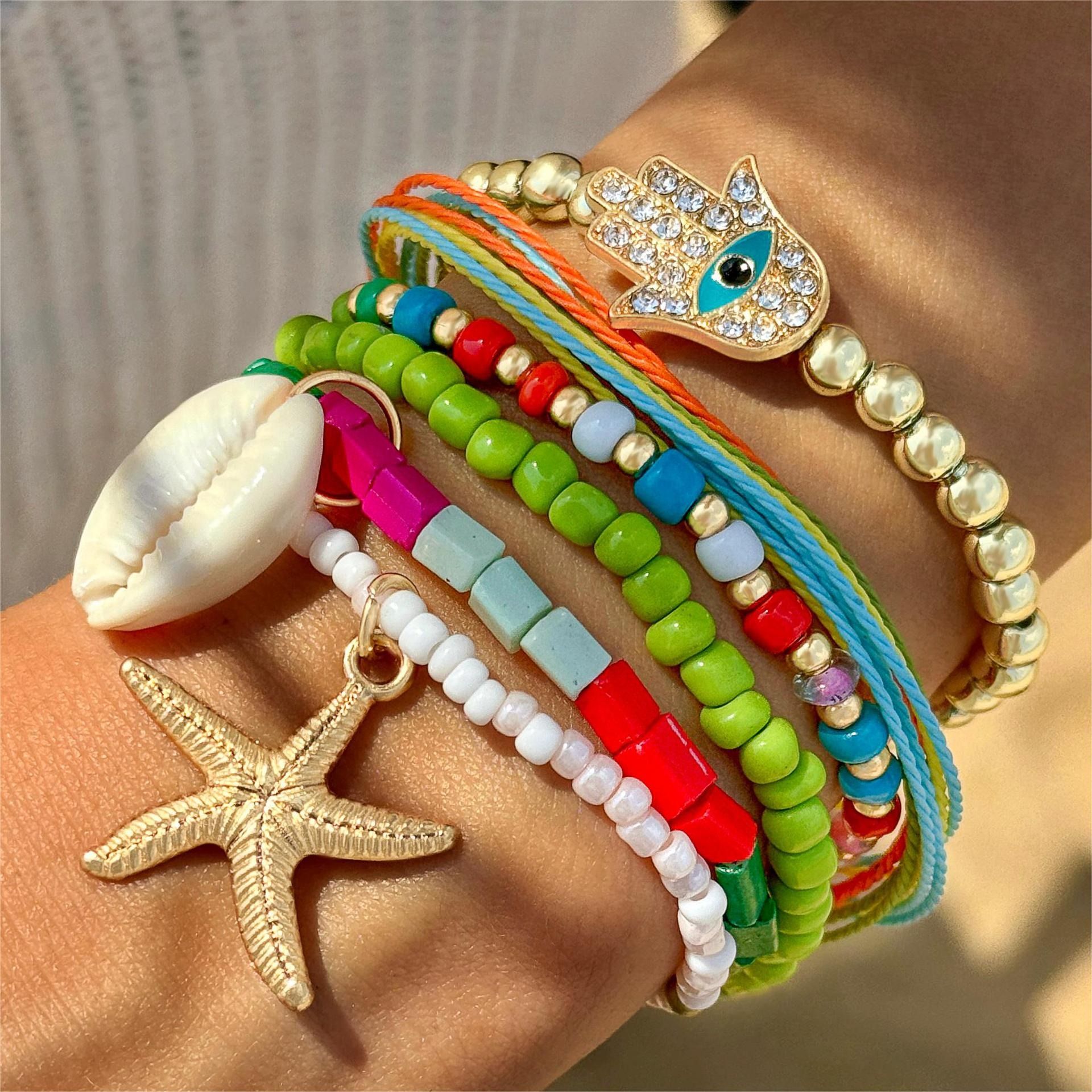 2024 Beach Wind Starfish shell stack wear bracelet summer dopamine color rice beads gravel women's bracelet set suitable for anniversary gifts