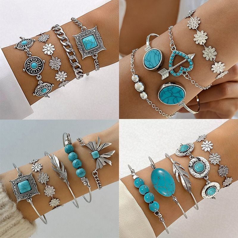 2024 Bohemian Turquoise Leaf Bracelet Luxury modern delicate Ethnic bow flower Turquoise women's bracelet set suitable for travel anniversaries