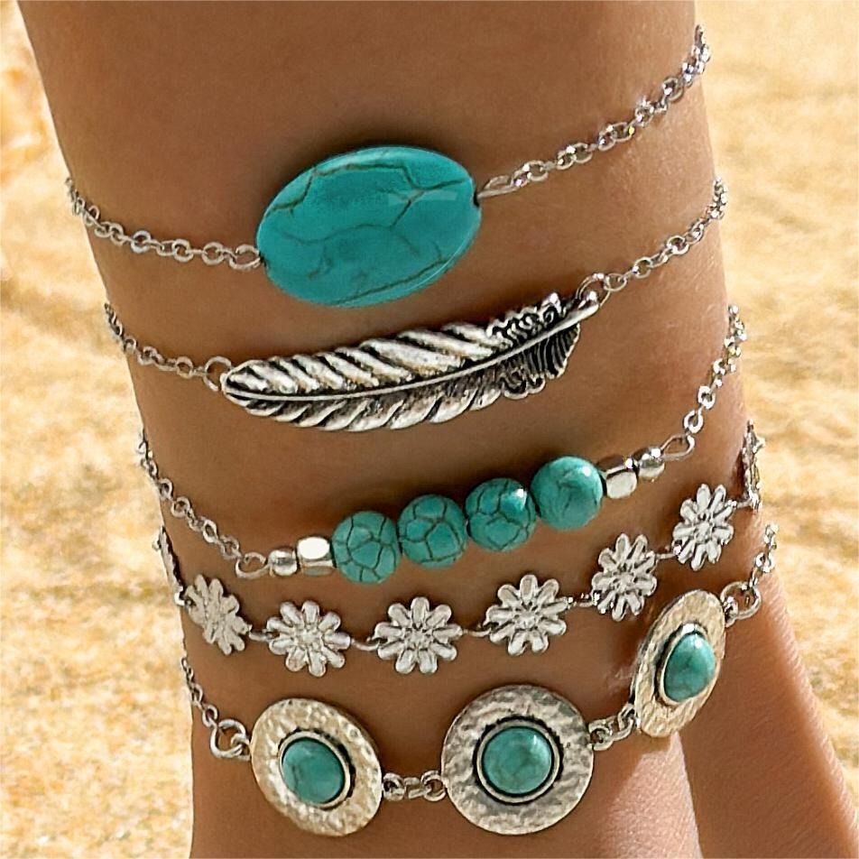 2024 Bohemian Turquoise Leaf Bracelet Luxury modern delicate Ethnic bow flower Turquoise women's bracelet set suitable for travel anniversaries