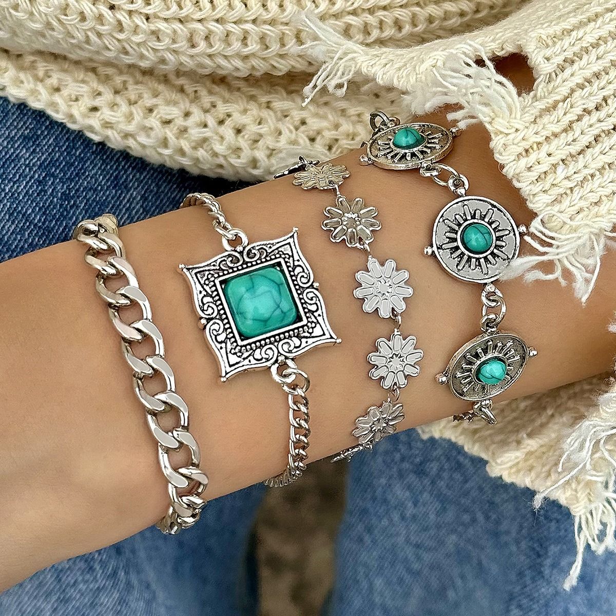 2024 Bohemian Turquoise Leaf Bracelet Luxury modern delicate Ethnic bow flower Turquoise women's bracelet set suitable for travel anniversaries