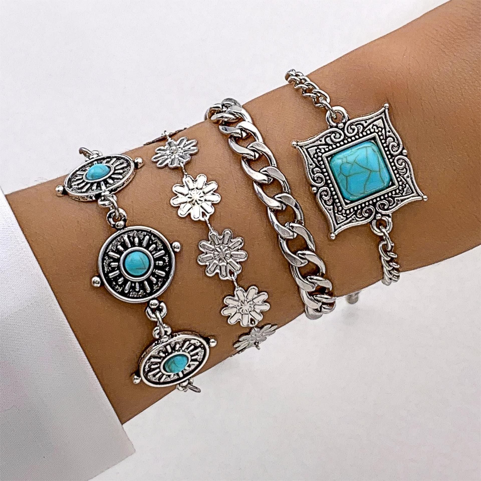 2024 Bohemian Turquoise Leaf Bracelet Luxury modern delicate Ethnic bow flower Turquoise women's bracelet set suitable for travel anniversaries