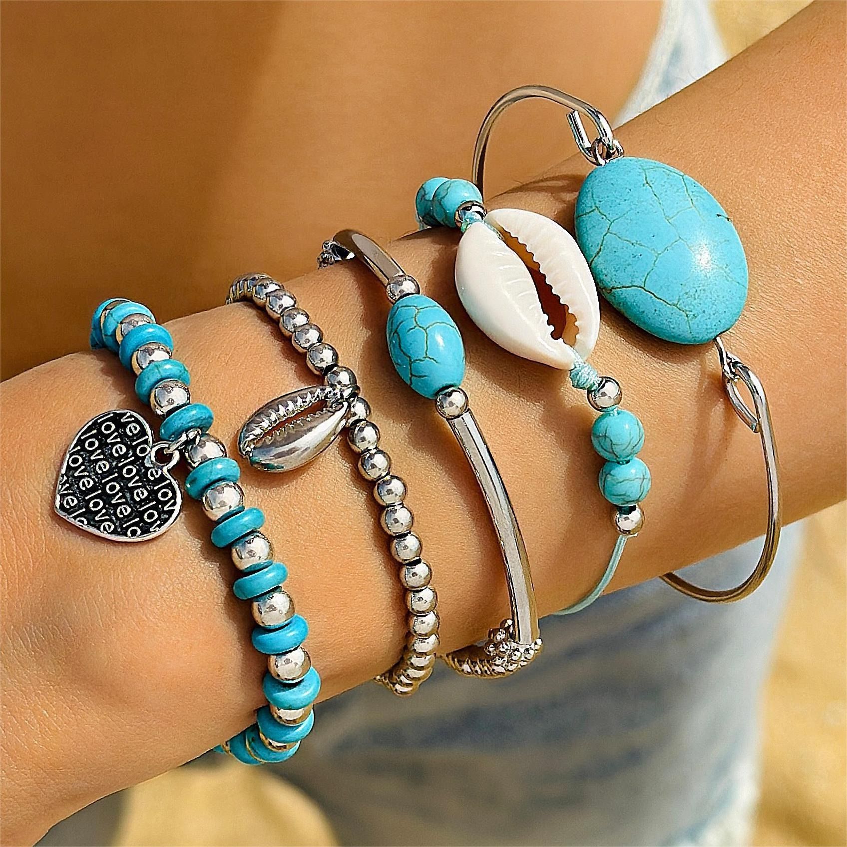 2024 Bohemian Turquoise Leaf Bracelet Luxury modern delicate Ethnic bow flower Turquoise women's bracelet set suitable for travel anniversaries