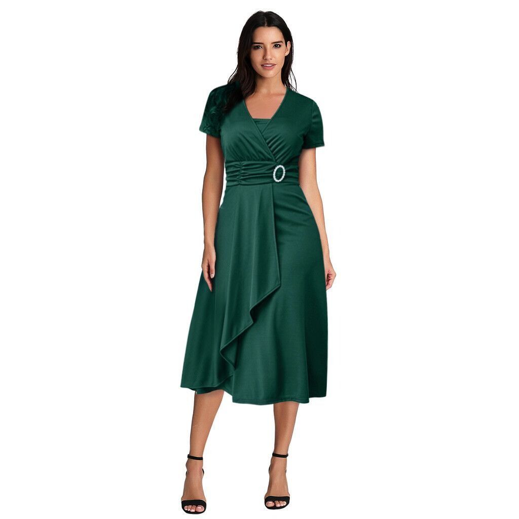 2024 Summer sexy Africa don't say big swing V-neck women's high waist mid-length dress solid color evening dress - sexy thin skirt, suitable for women's formal occasions of high sens