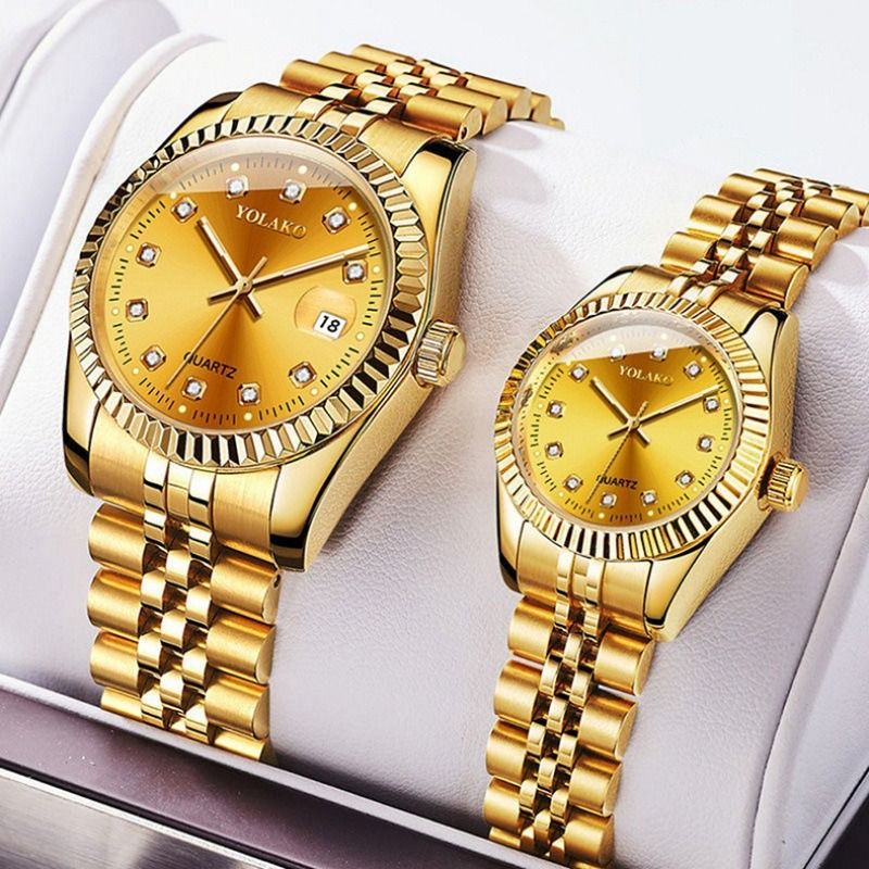2024 Hot Sale Diamonds Face Steel Band Gold Business Women Men Lovers Couple Watches Male Female Students Simple Leisure Fashion Quartz Gold Lovers Watch Suit Ladies Girls Birthday Gift Watches