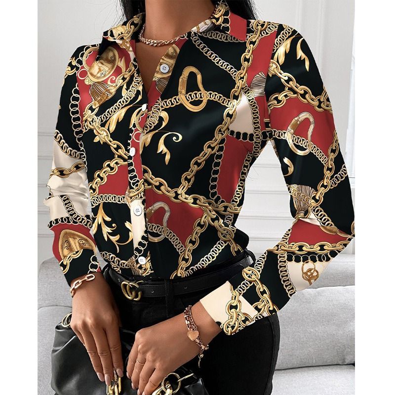 Women Office Work Blouse Shirts Female Elegant Polyester Long Sleeve Flower Blouse Party Lady Blouse Spring / Autumn Long-sleeved Temperament Elegant Single-breasted Cardigan Shirt