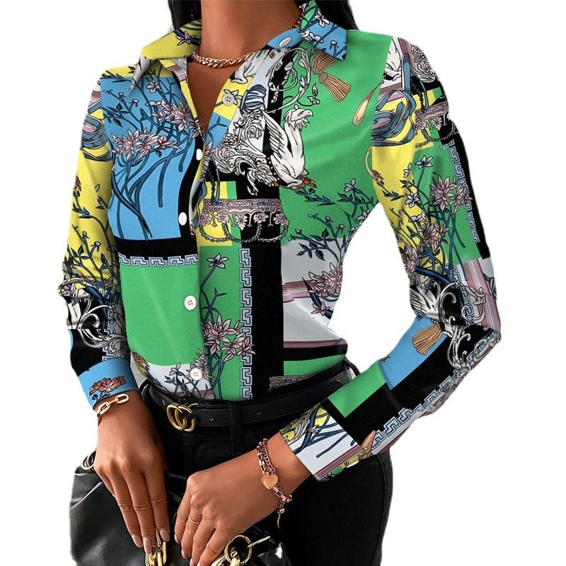 Women Office Work Blouse Shirts Female Elegant Polyester Long Sleeve Flower Blouse Party Lady Blouse Spring / Autumn Long-sleeved Temperament Elegant Single-breasted Cardigan Shirt