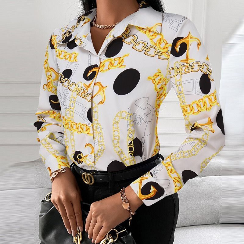 Women Office Work Blouse Shirts Female Elegant Polyester Long Sleeve Flower Blouse Party Lady Blouse Spring / Autumn Long-sleeved Temperament Elegant Single-breasted Cardigan Shirt