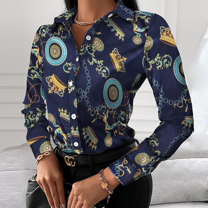 Women Office Work Blouse Shirts Female Elegant Polyester Long Sleeve Flower Blouse Party Lady Blouse Spring / Autumn Long-sleeved Temperament Elegant Single-breasted Cardigan Shirt