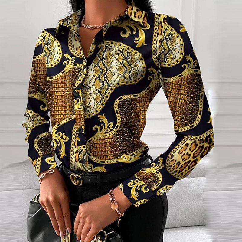Women Office Work Blouse Shirts Female Elegant Polyester Long Sleeve Flower Blouse Party Lady Blouse Spring / Autumn Long-sleeved Temperament Elegant Single-breasted Cardigan Shirt