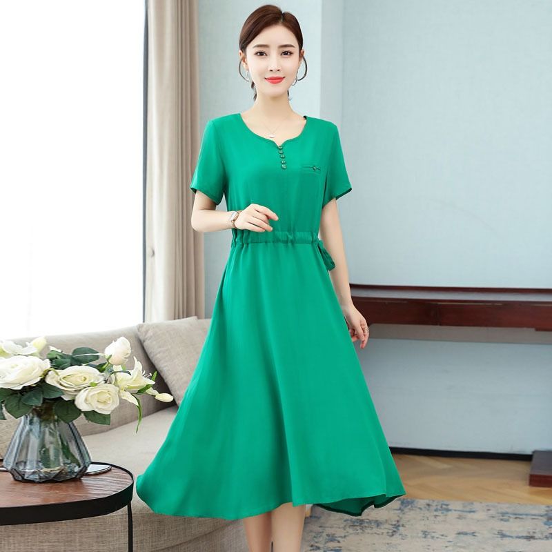 2024 African Summer New High-end Pure Cotton Silk Dress Women's Mid-Length Middle-aged Temperament Mother Summer Dress Fashion Elegant Style