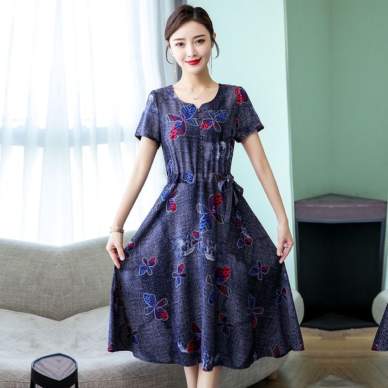 2024 African Summer New High-end Pure Cotton Silk Dress Women's Mid-Length Middle-aged Temperament Mother Summer Dress Fashion Elegant Style