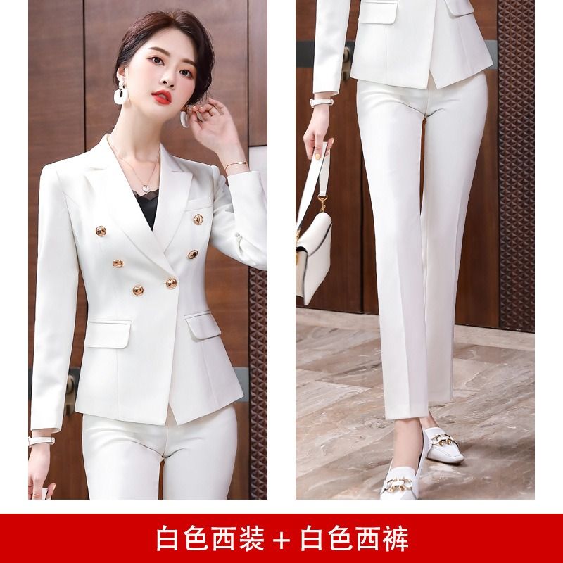 2024 High-end Professional White Suit Autumn/Winter Hotel Front Desk Manager Uniform Overalls Long Sleeve OL Suit Office Lady Suit White Collar Business Cloth Lady Formal Work Suit  Women Formal Dress