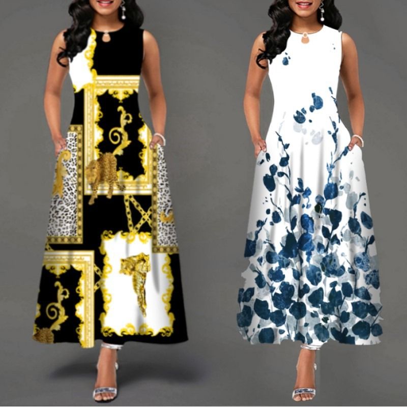 2024Popular Fashion European and African Style Round Neck Sleeveless Vest Printed Women Long Dresses Pocket Waist  Large Hem Colorful Women Clothes Ladies Long Skirt Formal Casual Girls Gift Dresses
