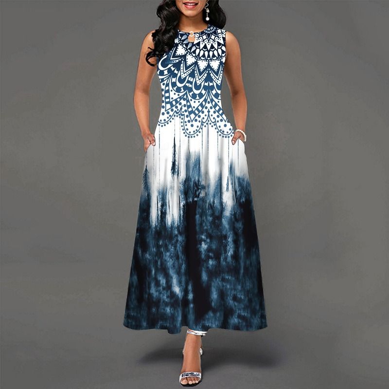 2024Popular Fashion European and African Style Round Neck Sleeveless Vest Printed Women Long Dresses Pocket Waist  Large Hem Colorful Women Clothes Ladies Long Skirt Formal Casual Girls Gift Dresses