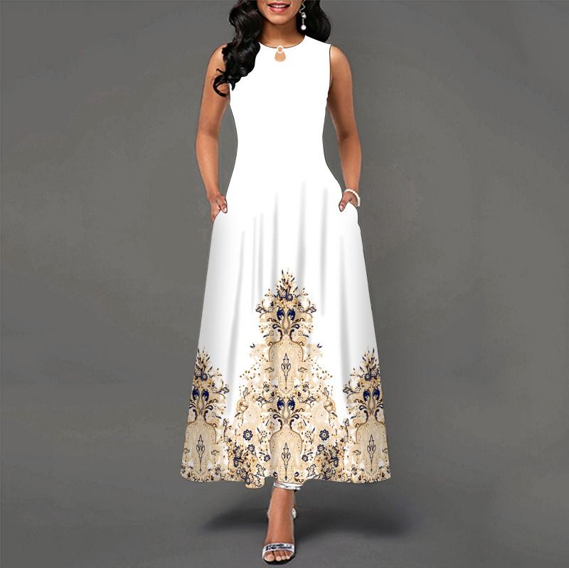 2024Popular Fashion European and African Style Round Neck Sleeveless Vest Printed Women Long Dresses Pocket Waist  Large Hem Colorful Women Clothes Ladies Long Skirt Formal Casual Girls Gift Dresses