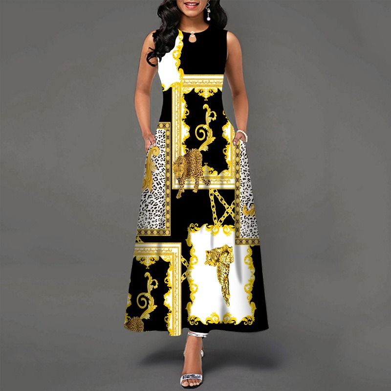 2024Popular Fashion European and African Style Round Neck Sleeveless Vest Printed Women Long Dresses Pocket Waist  Large Hem Colorful Women Clothes Ladies Long Skirt Formal Casual Girls Gift Dresses