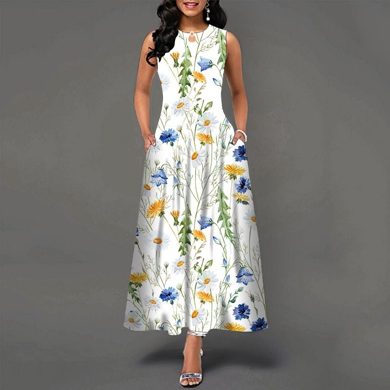 2024Popular Fashion European and African Style Round Neck Sleeveless Vest Printed Women Long Dresses Pocket Waist  Large Hem Colorful Women Clothes Ladies Long Skirt Formal Casual Girls Gift Dresses