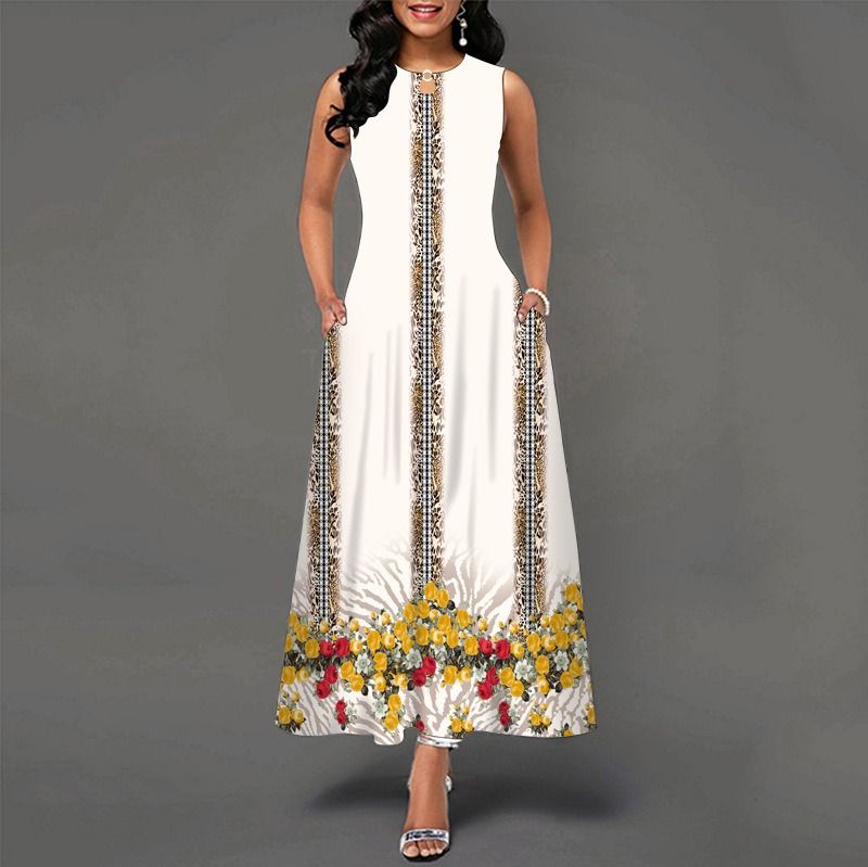 2024Popular Fashion European and African Style Round Neck Sleeveless Vest Printed Women Long Dresses Pocket Waist  Large Hem Colorful Women Clothes Ladies Long Skirt Formal Casual Girls Gift Dresses