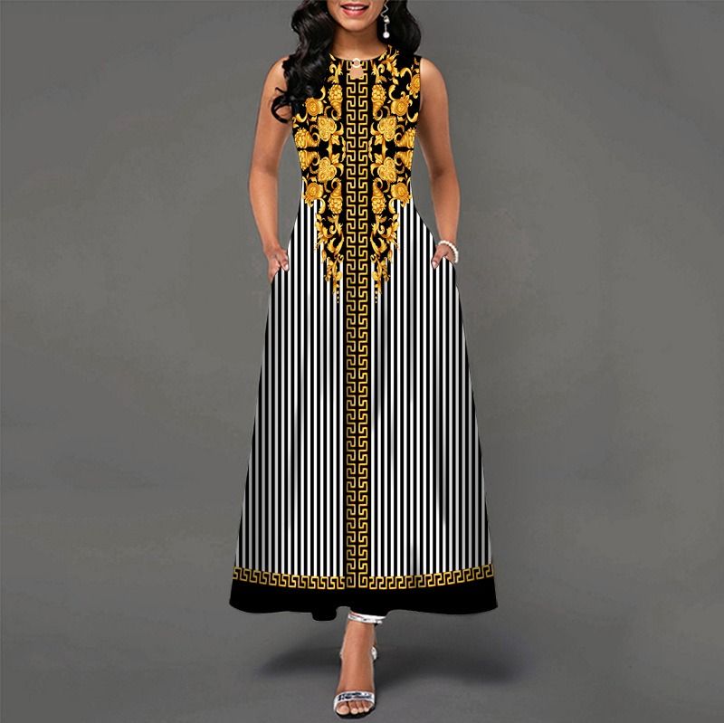 2024Popular Fashion European and African Style Round Neck Sleeveless Vest Printed Women Long Dresses Pocket Waist  Large Hem Colorful Women Clothes Ladies Long Skirt Formal Casual Girls Gift Dresses