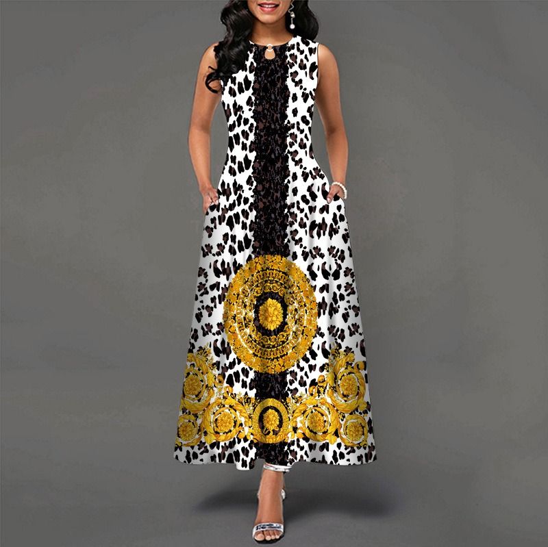 2024Popular Fashion European and African Style Round Neck Sleeveless Vest Printed Women Long Dresses Pocket Waist  Large Hem Colorful Women Clothes Ladies Long Skirt Formal Casual Girls Gift Dresses
