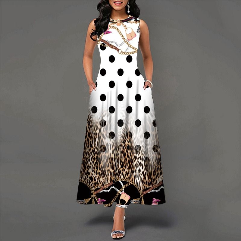 2024Popular Fashion European and African Style Round Neck Sleeveless Vest Printed Women Long Dresses Pocket Waist  Large Hem Colorful Women Clothes Ladies Long Skirt Formal Casual Girls Gift Dresses