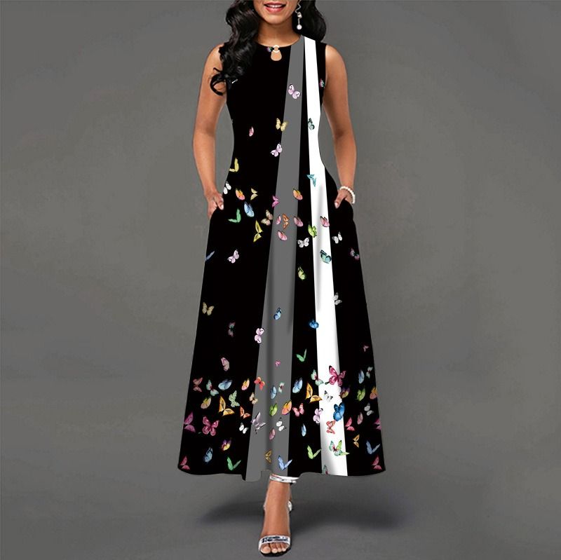 2024Popular Fashion European and African Style Round Neck Sleeveless Vest Printed Women Long Dresses Pocket Waist  Large Hem Colorful Women Clothes Ladies Long Skirt Formal Casual Girls Gift Dresses