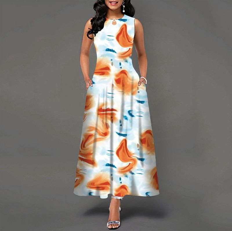 2024Popular Fashion European and African Style Round Neck Sleeveless Vest Printed Women Long Dresses Pocket Waist  Large Hem Colorful Women Clothes Ladies Long Skirt Formal Casual Girls Gift Dresses