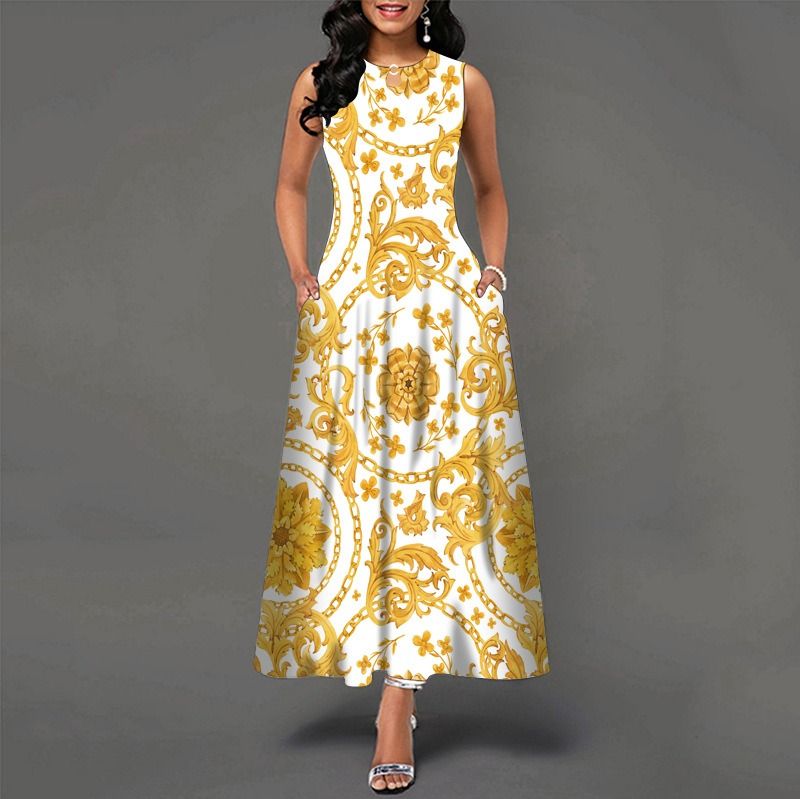 2024Popular Fashion European and African Style Round Neck Sleeveless Vest Printed Women Long Dresses Pocket Waist  Large Hem Colorful Women Clothes Ladies Long Skirt Formal Casual Girls Gift Dresses