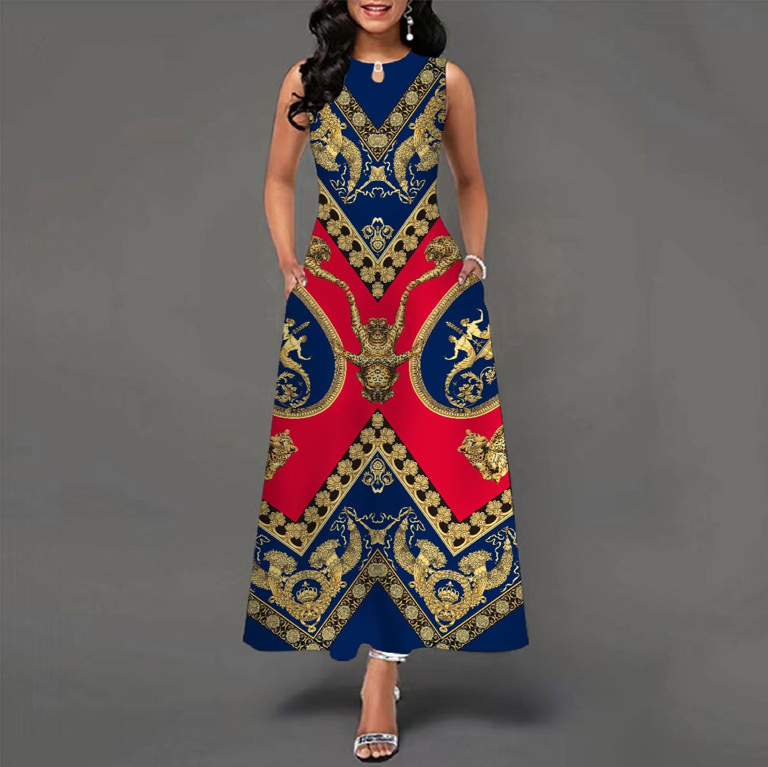 2024Popular Fashion European and African Style Round Neck Sleeveless Vest Printed Women Long Dresses Pocket Waist  Large Hem Colorful Women Clothes Ladies Long Skirt Formal Casual Girls Gift Dresses