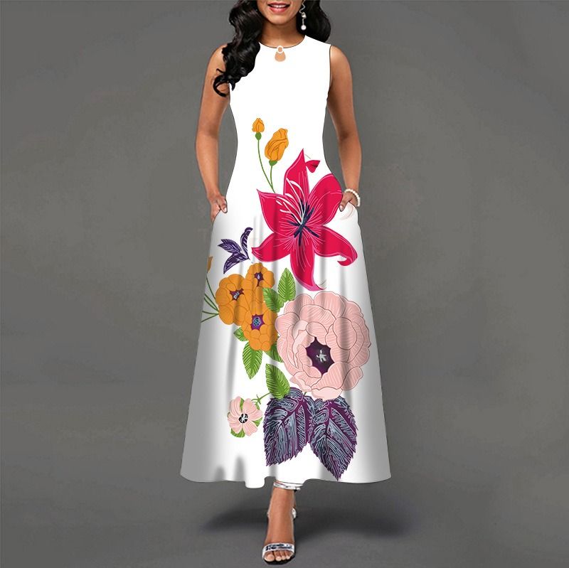 2024Popular Fashion European and African Style Round Neck Sleeveless Vest Printed Women Long Dresses Pocket Waist  Large Hem Colorful Women Clothes Ladies Long Skirt Formal Casual Girls Gift Dresses