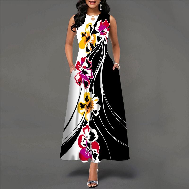 2024Popular Fashion European and African Style Round Neck Sleeveless Vest Printed Women Long Dresses Pocket Waist  Large Hem Colorful Women Clothes Ladies Long Skirt Formal Casual Girls Gift Dresses