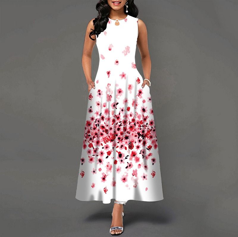 2024Popular Fashion European and African Style Round Neck Sleeveless Vest Printed Women Long Dresses Pocket Waist  Large Hem Colorful Women Clothes Ladies Long Skirt Formal Casual Girls Gift Dresses