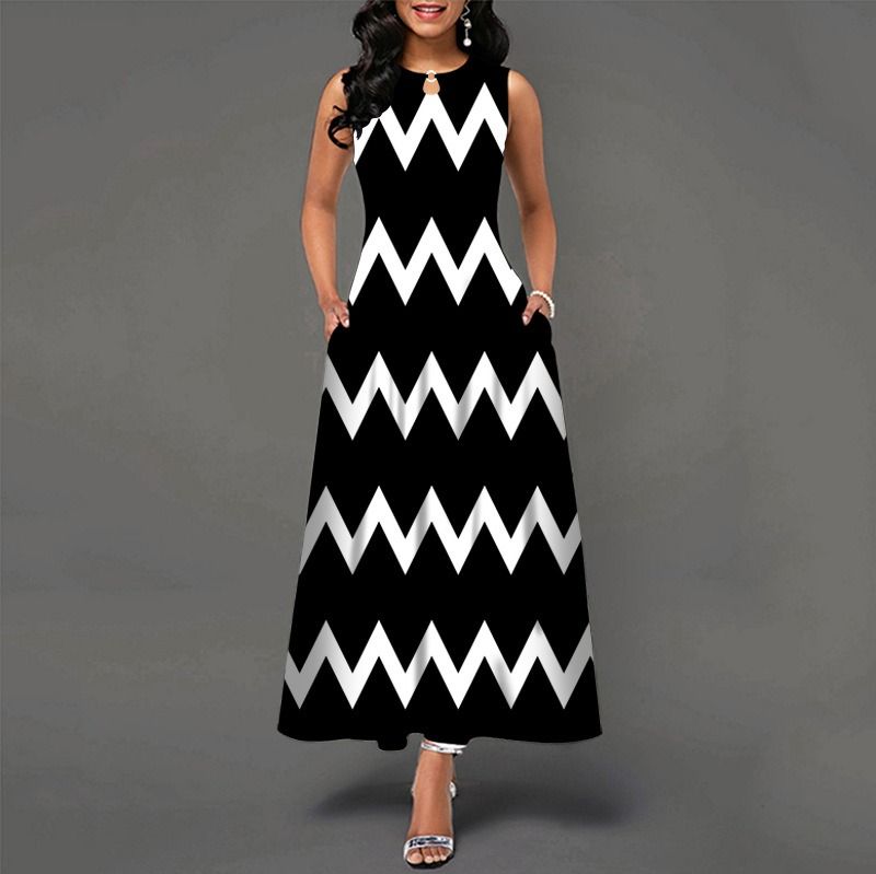 2024Popular Fashion European and African Style Round Neck Sleeveless Vest Printed Women Long Dresses Pocket Waist  Large Hem Colorful Women Clothes Ladies Long Skirt Formal Casual Girls Gift Dresses