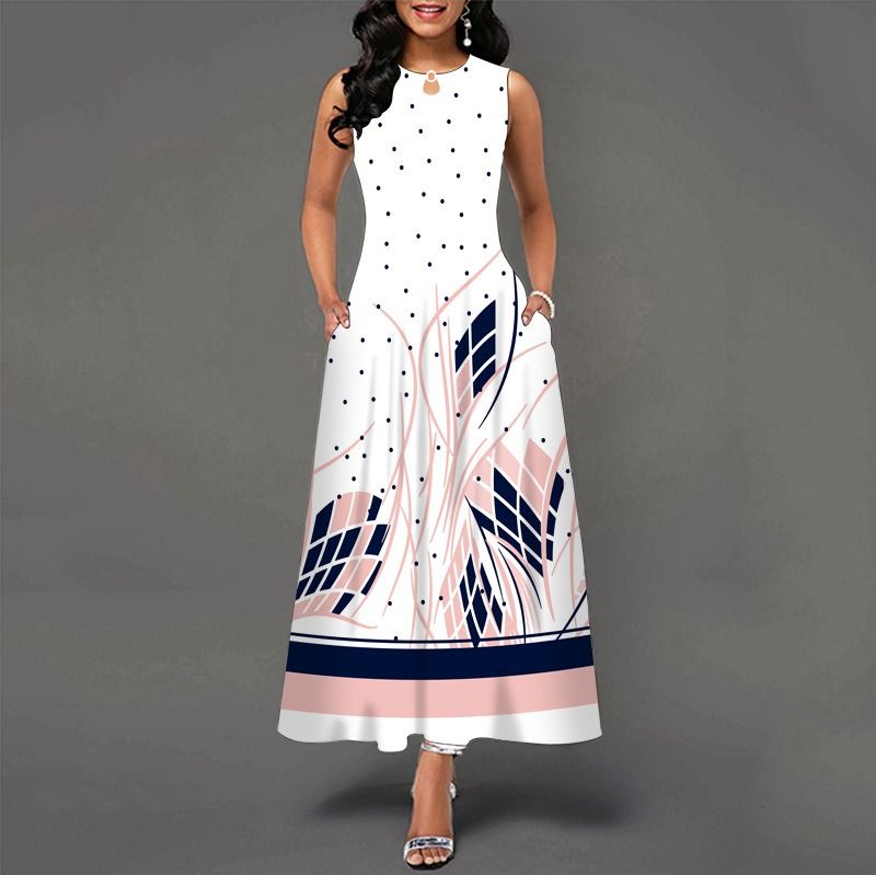 2024Popular Fashion European and African Style Round Neck Sleeveless Vest Printed Women Long Dresses Pocket Waist  Large Hem Colorful Women Clothes Ladies Long Skirt Formal Casual Girls Gift Dresses