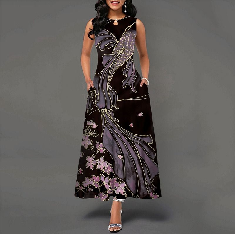 2024Popular Fashion European and African Style Round Neck Sleeveless Vest Printed Women Long Dresses Pocket Waist  Large Hem Colorful Women Clothes Ladies Long Skirt Formal Casual Girls Gift Dresses