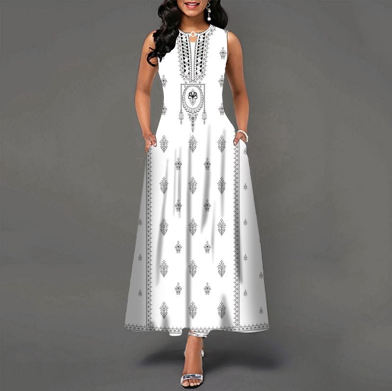 2024Popular Fashion European and African Style Round Neck Sleeveless Vest Printed Women Long Dresses Pocket Waist  Large Hem Colorful Women Clothes Ladies Long Skirt Formal Casual Girls Gift Dresses
